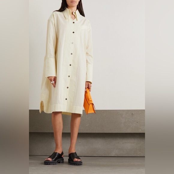 Ganni Striped Organic Cotton Seersucker Midi Shirt Dress Yellow Cream - Picture 1 of 7